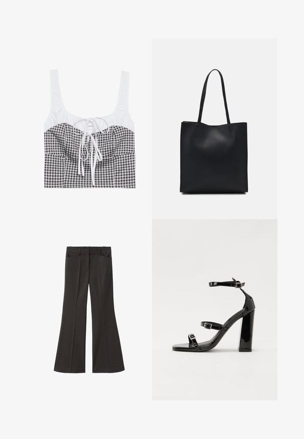 Sort og hvid ternet cropped top med en struktureret hvid overdel, firkantet udskæring og justerbar snor i midten. Har brede stropper.; Sorte flagrende bukser med høj talje; har to forlommer og en glat stofstruktur. Egnet til forskellige anledninger.; Sorte patenterede hælsandaler med firkantet tå, ankelremme og sølvspænder. Har en chunky blokHæl for stabilitet.; Sort læder tote taske med glat tekstur, rektangulær form og to lange hanke. Ingen synlig hardware eller udsmykninger.
