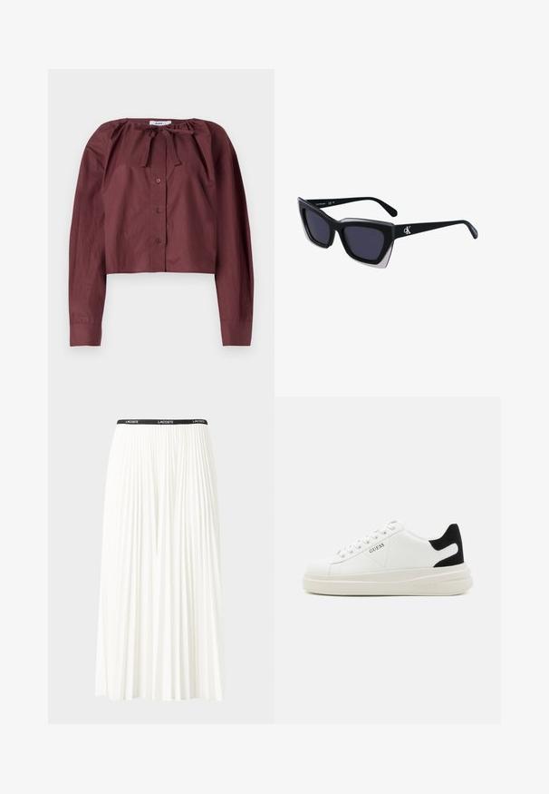 Bluză scurtă burgundy din material ușor, cu decolteu legat, mâneci lungi și închidere cu nasturi în față. Textură netedă cu detalii minime.; Fustă plisată albă cu un brâu elastic negru, având logo-ul "LACOSTE". Design de lungime medie, cu textură moale.; Adidași din piele albă cu o talpă groasă albă, accent de călcâi din suede negru și logo embosat pe lateral. Design cu șireturi și șase orificii.; Ochelari de soare supradimensionați, negri, cu o formă geometrică, având lentile întunecate și un detaliu gri contrastant pe ramă. Logo pe braț.