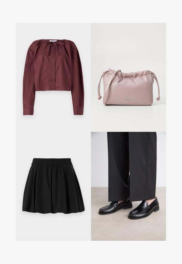 Bordeaux beskåret bluse i let stof, med en knyttet halsudskæring, lange ærmer og en frontlukning med knapper. Glat tekstur med minimal detaljering.; Sort nederdel med en samlet talje, A-formet design og blød tekstur. Glat stof uden synlige mønstre eller hardware detaljer.; Sorte læder loafers med en glat finish, syet detaljering omkring tæerne og en lav gummisål. Sammen med brede sorte bukser.; Blush pink, glat læder taske med samlet top, snorelukning og en tynd rem. Har et subtilt Calvin Klein-logo på forsiden.