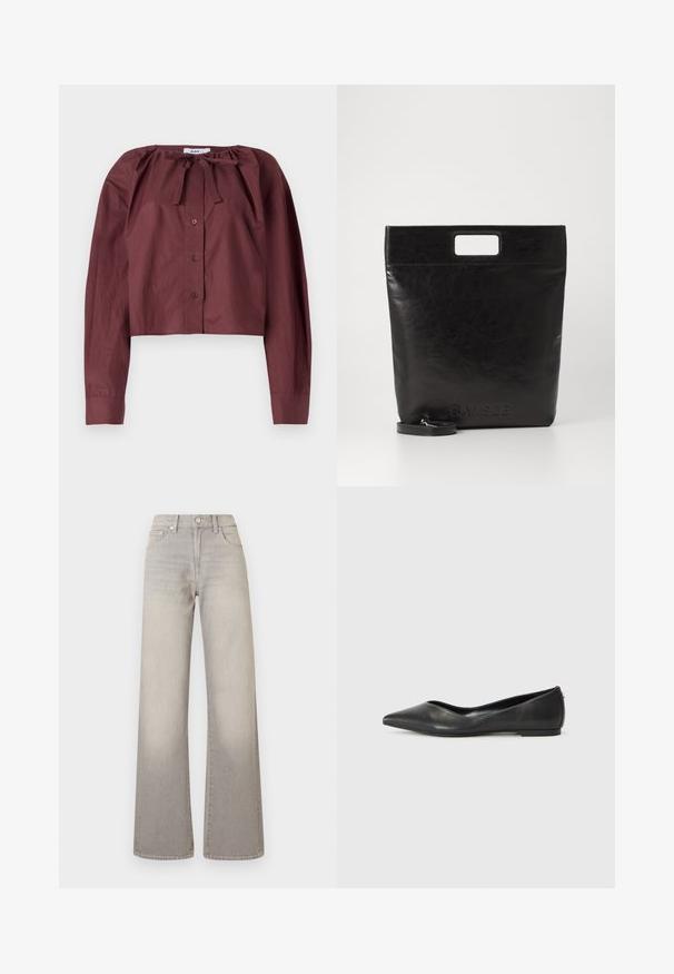 Blouse courte bordeaux en tissu léger, avec un col à nouer, des manches longues et une fermeture à boutons sur le devant. Texture lisse avec un minimum de détails.; Jean large gris avec une finition délavée, fermeture à bouton, design à cinq poches et coutures conçues le long des coutures.; Ballerines en cuir noir avec un bout pointu, un talon bas et une texture lisse. Design minimal avec une subtile accent latéral.; Sac fourre-tout en cuir noir avec une poignée carrée, arborant une finition texturée et un logo en relief. Comprend une bandoulière amovible.