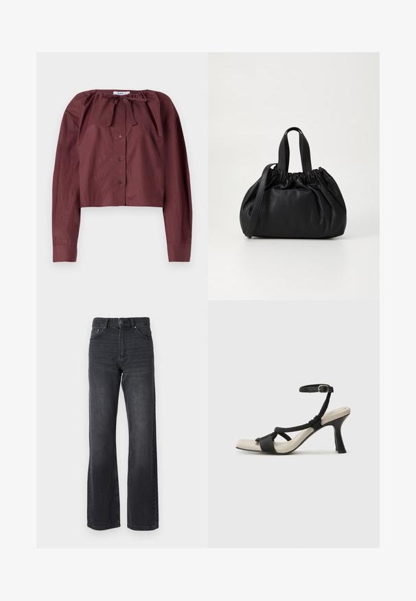 Bordo skraćena bluzica od laganog materijala, s vezicom na vratu, dugim rukavima i prednjim kopčanjem na dugmad. Glatka tekstura sa minimalnim detaljima.; Crne traperice visokog struka s ravnim nogavicama, izrađene od denima. Imaju pet džepova i suptilno izblijeđenje po tkanini.; Crne sandale na visokom potpetici s dizajnom pletenih trakica, kvadratnim vrhom i podešivom trakicom oko gležnja. Svijetlosmeđi ulošci s sjajnim crnim potpeticama.; Crna kožna torba s nabranim dizajnom na vrhu, s dva kratka ručka i dugim podesivim remenom. Glatka tekstura, zaobljen oblik.