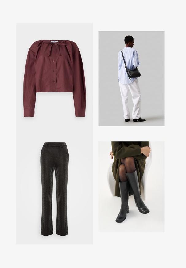 Burgundi színű, rövidített blúz könnyű anyagból, megkötős nyakkal, hosszú ujjal és elöl gombos záródással. Sima textúra minimális részletezéssel.; Fekete, bővülő szárú nadrág fényes, texturált anyagból. Szoros derékrésszel és oldalsó zsebekkel rendelkezik, sima vonalvezetése a szegélyig terjed.; Térdfelett érő fekete bőr csizmák négyzet alakú orral és tömbtalppal, olajzöld kabátban ülő modellel bemutatva. Simaság, minimalista részletezés.; Fekete bőr válltáska puha tapintással, háromszög alakú, állítható pánttal, világoskék csíkos inggel és fehér nadrággal párosítva.