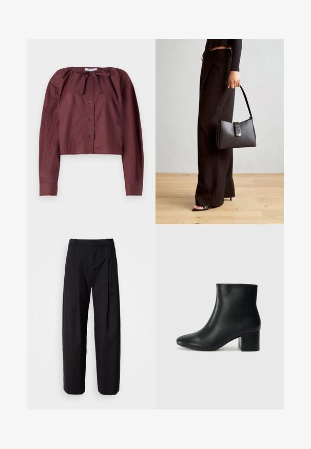 Burgundy cropped blouse van lichtgewicht stof, met een knoopsluiting bij de hals, lange mouwen en een voorkant met knopen. Zachte textuur met minimale details.; Zwarte broek met een ontspannen pasvorm, geplooide voorkant en riemlussen. Soepele stof en rechte pijpen, met zijzakken.; Zwarte leren enkellaarzen met een spitse neus en een chunky hak. Gladde textuur met minimale accenten en een slank, strakk ontwerp.; Zwarte handtas met gestructureerde vorm, gladde textuur en een metalen sluiting. Gecombineerd met brede zwarte broeken en sandalen met open teen op een houten vloer.