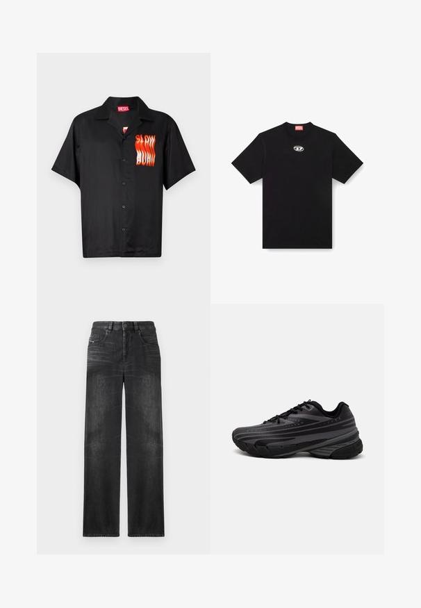 Schwarzes Kurzarmhemd aus glattem Stoff mit einem roten und orangefarbenen "SLOW BURN"-Grafik auf der linken Seite und einem klassischen Kragenstil.; Schwarzes Baumwoll-T-Shirt mit Rundhalsausschnitt und kurzen Ärmeln. Enthält ein kleines, silbernes Logo, das in der Mitte vorne gestickt ist.; Schwarze gerade Jeans aus Denim, mit fünf Taschen, Gürtelschlaufen und subtiler Ausbleichung des Stoffes für Textur.; Schwarzer Laufschuh mit einem strukturierten Obermaterial, das graue Streifen aufweist. Dicke Sohle zur Dämpfung, runder Zehenbereich und flache Schnürsenkel für einen sicheren Sitz.