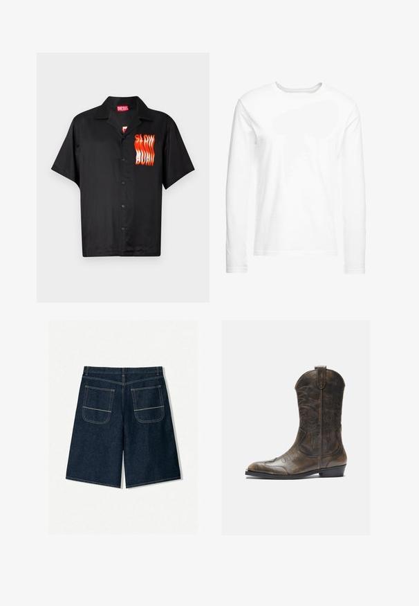 Schwarzes Kurzarmhemd aus glattem Stoff mit einem roten und orangefarbenen "SLOW BURN"-Grafik auf der linken Seite und einem klassischen Kragenstil.; Langärmliges, weißes T-Shirt aus weicher Baumwolle. Rundhalsausschnitt mit geraden Saumabschlüssen und ohne sichtbare Muster oder Grafiken.; Dunkelblaue Jeansshorts mit lockerer Passform, ausgestattet mit zwei Gesäßtaschen mit kontrastierenden Nähten. Gerader Schnitt und knielange Gestaltung.; Braune Leder-Cowboystiefel mit hohem Schaft, spitzem Zehenbereich, aufwendigen Stickmustern und kleinem Absatz. Strukturierte Oberflächenbeschaffenheit.