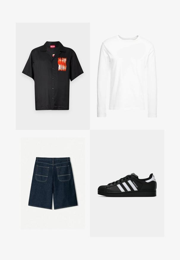 Čierna košeľa s krátkym rukávom vyrobená z hladkej tkaniny, ktorá má na ľavej strane červenú a oranžovú grafiku "SLOW BURN" a klasický dizajn goliera.; Biela tričko s dlhým rukávom vyrobené z mäkkej bavlny. Okrúhly výstrih s rovnými lemami a bez viditeľných vzorov alebo grafiky.; Tmavomodré riflové šortky s voľným strihom, ktoré majú dva zadné vrecká s kontrastným šitím. Rovný strih a dĺžka po kolená.; Čierne tenisky Adidas Superstar s bielymi pruhmi, špičkou v tvare mušle a textom "Superstar" na boku, zobrazené v bočnom profilu na bielom pozadí.