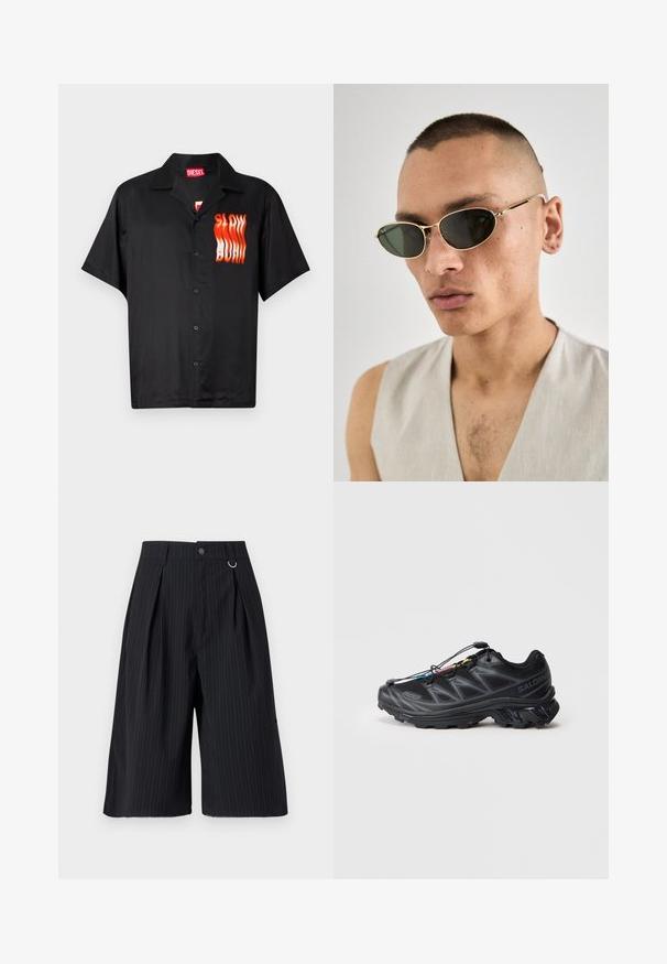 Zwarte T-shirt met korte mouwen van gladde stof, voorzien van een rood en oranje "SLOW BURN" graphic aan de linkerkant en een klassieke kraag.; Zwarte pinstripe shorts met plooien, een knoopsluiting en een metalen ringaccent. Glad materiaal met een getailleerde pasvorm en een knie-lange uitstraling.; Zwarte sportieve schoen met een gestructureerd mesh bovenwerk, versterkte neus en een snel-vetersysteem. Beschikt over een robuuste buitenzool en een lichte hakverhoging.; Goudgeframerate zonnebril met ovale zwarte lenzen. Heeft dunne veren en een minimalistisch ontwerp. Het frame heeft subtiele details en een gepolijste afwerking.