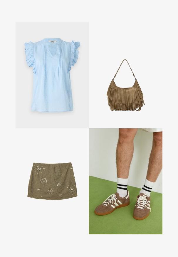Lichtblauwe blouse met ruches aan de mouwen, voorzien van een V-hals, een gestructureerd patroon en fijne plooidetails aan de voorkant. Gemaakt van zachte stof.; Olijf groene rok met een aansluitende taille, voorzien van zilveren kralenversieringen in bloem- en sterpatronen, wat zorgt voor een gestructureerd oppervlakontwerp.; Bruine suède sneakers met witte accenten en veters. Rubberen gumzool. Draag met witte sokken met zwarte strepen. Groene gestructureerde vloer.; Bruine suède handtas met lange franjes, een gebogen vorm en een enkele schouderband. Heeft een gladde, gestructureerde oppervlakte.