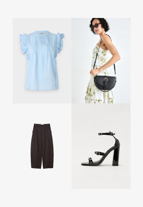 Helle blaue Bluse mit Rüschensleeves, V-Ausschnitt, strukturiertem Muster und Paspelverzierungen an der Front. Aus weichem Stoff gefertigt.; Schwarze weit geschnittene Hosen aus einem glatten Stoff, mit hoher Taille, Frontfalten und Seitentaschen. Schlichtes Design ohne Verzierungen.; Schwarze patentierte Sandalen mit Absatz, quadratischer Spitze, Knöchelriemen und silbernen Schnallen. Mit einem stabilen Blockabsatz für mehr Stabilität.; Schwarze Lederhandtasche mit geschwungener Form, abnehmbarem Tragegurt und goldenen Beschlägen. Die Tasche verfügt über einen Deckel mit einer Schnallen-Details.