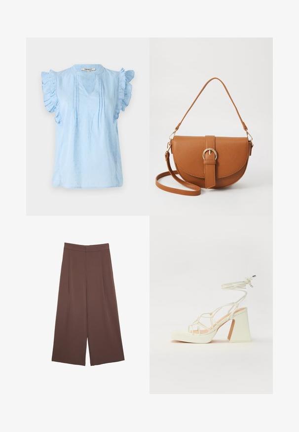Svijetloplava bluzica s volanima na rukavima, s V-izrezom, teksturiranim uzorkom i sitnim naborima duž prednje strane. Izrađena od mekog materijala.; Smeđe hlače širokog kroja s glatkom teksturom, koje imaju visok struk i nabore sprijeda. Tkanina je lagana i slobodno se kreće.; Bijela sandala na visokoj potpetici s debelim petom, s remenom i vezanjem oko gležnja. Glatka tekstura s platformom sprijeda za dodatnu visinu.; Smeđa kožna torba preko tijela s zakrivljenim oblikom, zlatnim metalnim detaljima i naglaskom na kopču. Ima odvojivu naramenicu.