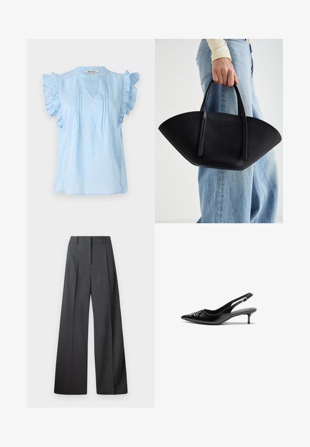 Svetlomodrá blúzka s volánovými rukávmi, so V-výstrihom, textúrovaným vzorom a prešívaním pozdĺž prednej časti. Vyrobená z mäkkej tkaniny.; Nohavice s širokými nohavicami z tmavošedej látky, s vysokým pásom, jedinými záhybmi a hladkou textúrou s čistým zakončením na lemoch.; Čierne kožené slingback podpätky s ostrou špičkou, malým podpatkom a dekoratívnym uzlom vpredu. Hladký povrch po celom obvode.; Čierna kožená kabelka s jedinečným tvarom ventilátora, so plochými držadlami. Povrch má štruktúru s brúseným efektom a minimalistic design.
