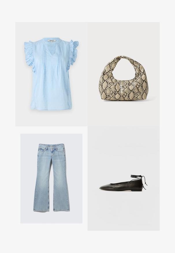 Light blue blouse with ruffled sleeves, featuring a V-neck, textured pattern, and pintuck details along the front. Crafted from soft fabric.; Weekday NOVA - Slim fit jeans - lip blue; Black leather ballet flats with a pointed toe, ankle tie, and flat sole, featuring a smooth texture and minimalistic design.; Snake-print handbag with a curved handle. Made from textured, beige and brown materials, featuring a distinctive diamond pattern.
