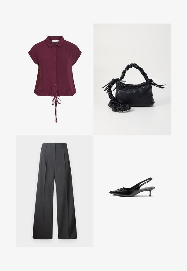 Burgundy short-sleeve shirt with a collar, button front, and gathered hem with tied drawstring, featuring a textured fabric.; Wide-leg trousers in dark gray fabric, featuring a high waist, single pleats, and a smooth texture with a clean finish at the hems.; Black leather slingback heels with a pointed toe, small kitten heel, and a decorative knot detail on the front. Smooth texture throughout.; Black faux leather handbag with a crocodile texture, cinched top, and a scrunched strap. Appears soft and compact in design.