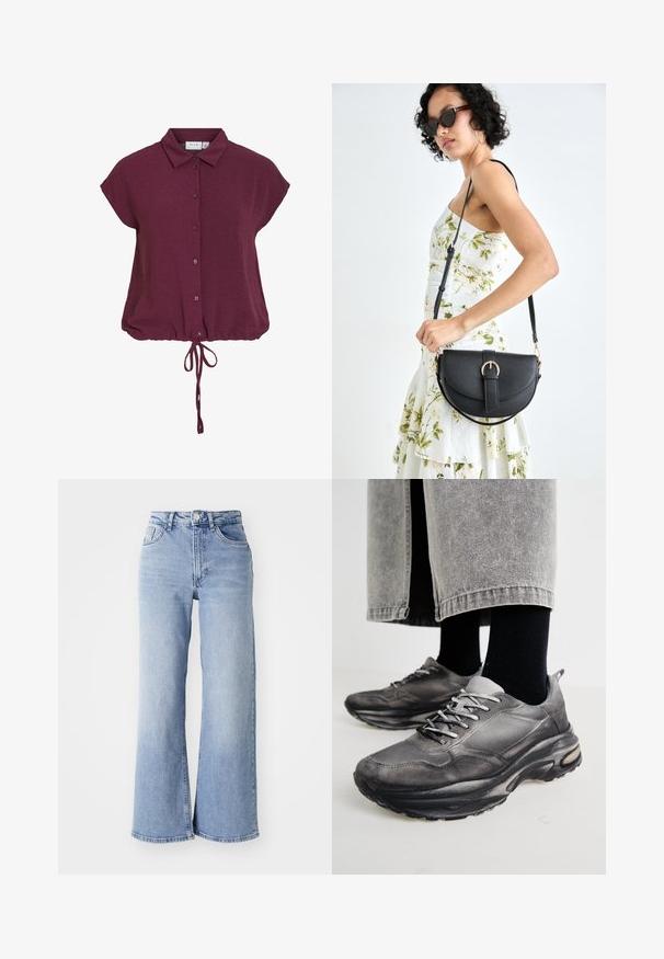 Burgundy short-sleeve shirt with a collar, button front, and gathered hem with tied drawstring, featuring a textured fabric.; Light blue high-waist wide-leg jeans with front and back pockets, button closure, and subtle fading on the thighs and hems.; Black and gray athletic shoes feature a mesh upper, thick soles, and laces. They have a rounded toe and visible cushioning detail.; Black leather handbag with a curved shape, detachable strap, and gold hardware. The bag features a flap with a buckle detail.