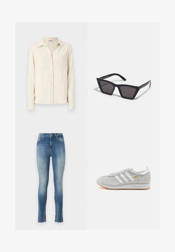 Šviesiai smėlinė ilgomis rankovėmis marškiniai su apykakle, dviem krūtinės kišenėmis ir tekstūruotu audiniu.; Šviesiai mėlyni liesi džinsai. Yra vidutinio aukščio juosmens, penki kišenės ir šiek tiek nusidėvėjimo efektas priekyje ir gale, sukuriantis dėvėtą išvaizdą.; Šviesiai pilki sportbačiai, pagaminti iš zomšos ir tinklinės medžiagos, su trimis baltais dryžiais, apvaliu pirštu ir guma padu. Auksinė logotipo detalė šalia raištelių.; Juodos, kampuotos saulės akinios su pilkais stiklais; pagaminti iš plastiko, su storomis šakėmis, turinčiomis lygų paviršių ir be matomų detalių.; Sidabrinės pusmėnulio auskarai minimalistiniu dizainu. Apskritimo forma, lygus paviršius ir plonas profilis. Lengvi su poliruotu apdailu.