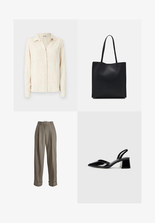 Camisa de mangas longas bege clara, com colarinho, dois bolsos no peito e um acabamento de tecido texturizado.; Calças taupe de cintura alta, com ajuste largo, apresentando pregas, bainhas dobradas e uma textura de tecido suave. Sem fechos visíveis.; Sandy em verniz preto com salto slingback, ponta afilada e salto geométrico. Apresenta um design elegante e minimalista com textura suave.; Bolsa tote preta em couro com textura lisa, forma retangular e duas alças longas. Sem hardware ou enfeites visíveis.