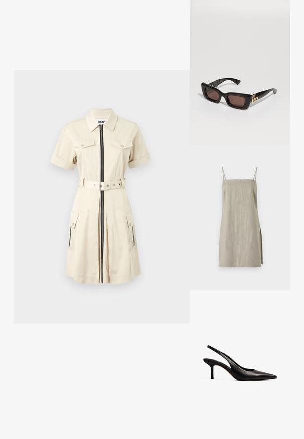 Grijze mouwloze jurk van een lichte stof, met dunne bandjes, een rechte snit en een zijsplit voor extra detail.; Beige jurk met korte mouwen, rits aan de voorkant, taille met riem, twee borstzakken en zijzakken. De stof heeft een gladde, lichte textuur.; NA-KD Klassieke pumps - black; Zwarte schildpad-zonnebril met rechthoekige lenzen, bruine tint, een stevig montuur en een gouden dubbele G-logo detail op de temple.; Gouden hoepeloorbellen met een tortoisepatroon van hars aan de buitenrand, met een gladde afwerking en een strakke, ronde vorm.