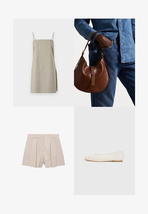 Siva haljina bez rukava napravljena od lagane tkanine, koja ima tanke naramenice, ravni kroj i bočni prorez za dodatni detalj.; Bežani kratki hlače s naglašenim dizajnom, visokog struka i glatke teksture. Četiri prednja nabora stvaraju volumen. Bez džepova.; Bijela ravna cipela s mrežastim dizajnom, šiljatog vrha i niskom ravnom potplatu. Teksturalni gornji dio s glatkom podlogom i suptilnom kontrastnom oblogom.; Smeđa kožna hobo torba zaobljenog oblika, sa zlatnim metalnim detaljima i kontrastnim šavovima. Uparena s traper košuljom i trapericama.