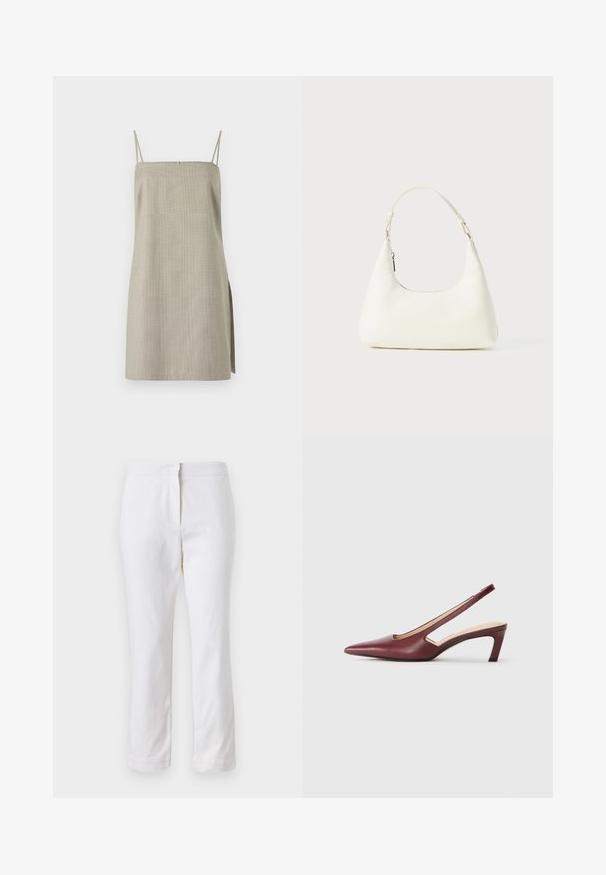 Hallik tuunikata mittevarrukatega kleit, mis on valmistatud kergest kangast, õhukeste rihmadega, sirge lõikega ja külje lõhiku detailiga.; Valged puuvillased püksid sirge lõikega, keskmise kõrgusega vöökoht ja ilma nähtavate detailide või mustriteta. Ühtlane sile tekstuur.; Burgundy slingback kontsad, millepunktse varbaga, külgedel lõike üksikasjadega ja kesk kõrgusega plokknina. Sile nahkviimistlus.; Väike valge õlakott, millel on üks reguleeritav rihm ja lukuga sulgemine, asetatuna ühtlasele valgele taustale.