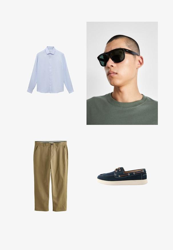Jasnoniebieska koszula z długim rękawem uszyta z gładkiego materiału, z klasycznym kołnierzykiem, pełnym zapinaniem na guziki i zaokrąglonym dołem oraz mankietami zapinanymi na guziki.; Khaki chinos wykonane z mieszanki bawełny, z dwiema kieszeniami bocznymi, zapięciem na guzik, prostymi nogawkami i gładką teksturą.; Granatowe buty żeglarskie wykonane z materiału, z białymi szwami i gumową podeszwą. Posiadają brązowe sznurowadła i otwory na sznurowadła. Okrągły kształt noska.; Czarne prostokątne okulary przeciwsłoneczne z ciemnymi szkłami, o charakterystycznym kształcie i logo na zauszniku. Noszone przez osobę w zielonej koszuli.; Czarna torba typu tote z dwoma długimi uchwytami, wykonana z gładkiego materiału. Posiada przednią kieszeń i minimalistyczny design. Brak widocznych elementów hardware i wzorów.