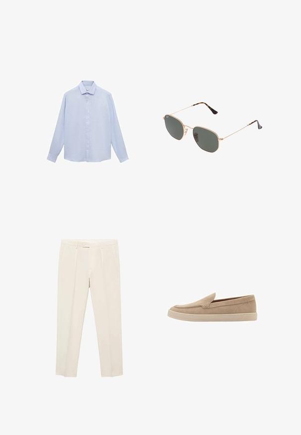 Camicia a maniche lunghe di colore azzurro chiaro in un tessuto morbido, con colletto classico, chiusura a bottoni completa e orlo arrotondato con polsini bottonati.; Pantaloni beige con vestibilità su misura, caratterizzati da due tasche anteriori, chiusura a bottone e una texture liscia.; Scarpa slip-on in suede beige con punta arrotondata e dettagli cuciti. Suola in gomma chiara con design a profilo basso.; Occhiali da sole con montatura in metallo dorato e lenti verde scuro, stile aviator, con aste sottili e dettagli in tartaruga sulle punte.