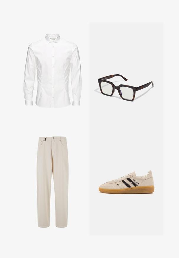 Camisa blanca de manga larga con botones, hecha de una tela suave. Presenta un cuello clásico, botones frontales y puños con un solo botón. Diseño ajustado.; Pantalones de algodón beige con un diseño de pierna recta, que cuentan con bolsillos frontales y un cierre de botón. Textura suave con un detalle minimal.; Zapatillas de ante beige con rayas negras y texto "Spezial", presentan una suela de goma texturizada y un diseño clásico de cordones.; Gafas de sol cuadradas con montura de acetato de carey y lentes transparentes. Cuentan con patillas anchas y un acabado mate, lo que mejora la durabilidad general.