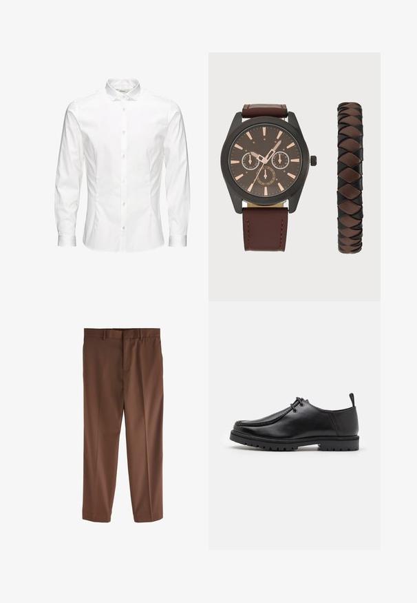 Camasa albă cu mâneci lungi, cu nasturi, confecționată dintr-un material neted. Dispune de un guler clasic, nasturi pe față și manșete cu un singur nasture. Design ajustat.; Pantaloni tailorți de culoare maro, cu o textură netedă, design cu picioare drepte, bucle pentru curea și un pliu frontal simplu. Fără buzunare sau accente vizibile.; Pantofii din piele neagră, cu șireturi, au o talpă robustă și o bandă de prindere la călcâi, fiind prezentați din lateral pe un fundal alb.; Pier One SET - Ceas de mână - black/brown