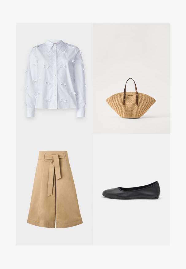 White long-sleeve shirt made of cotton, featuring multiple small white ribbon bows as embellishments on the front and sleeves. Button-down design.; Long-sleeve white T-shirt made of ribbed cotton, featuring a round neckline and a straight hem. Simple design with no patterns or accents.; Khaki midi wrap skirt with a tie belt, made of lightweight cotton, featuring a flared silhouette and visible stitching details.; Black leather ballet flat with a rounded toe, smooth texture, minimal stitching detail, and a flexible sole design.; Straw tote bag with a fan shape, brown leather handles, and a textured weave. Natural tan color with a smooth surface and minimal accent details.
