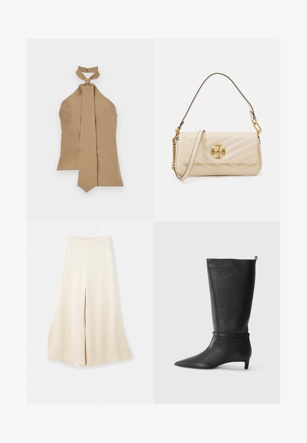 Tan halterneck-top med en knude detalje ved halsen og et langt, tilspidset bånd. Lavet af struktureret stof; har en baglomme til lukning.; Beige levelempimät housut, jotka on valmistettu sileästä kankaasta, korkealla vyötäröllä ja pehmeällä laskoksella. Ominaisuuksiin kuuluu löysä istuvuus ja siistit, yksinkertaiset linjat.; Musta nahkainen polvipitkä saapas, jossa on terävä kärki, korostettuna ympyrämuotoisella nauhalla nilkassa ja matala, kapea korko. Sileä pinta.; Käsitelty kermavärinen käsilaukku, jossa on kultainen logoerikoisuus, varustettuna ketju- ja nahkahihnalla. Rakenne on jämäkkä ja pinta sileä, jossa on vinosti ommeltu kuvio.