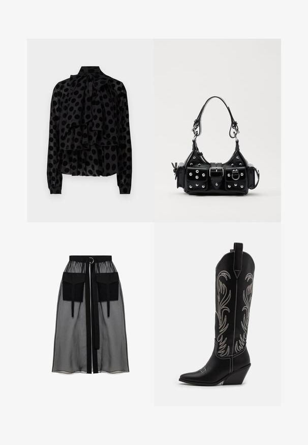 Black sheer blouse featuring a tied collar, layered ruffles, and large black polka dot pattern. Long sleeves with buttoned cuffs.; Black sheer skirt with a gathered waistband, featuring two large front pockets, a waist tie, and a circular metal accent.; Black leather cowboy boots with pointed toes, wedge heels, and silver embroidered floral patterns along the shaft. Contrast stitching throughout.; Black leather handbag with a curved design, featuring silver studs, a buckle, and two side pockets. Adjustable strap for carrying options.