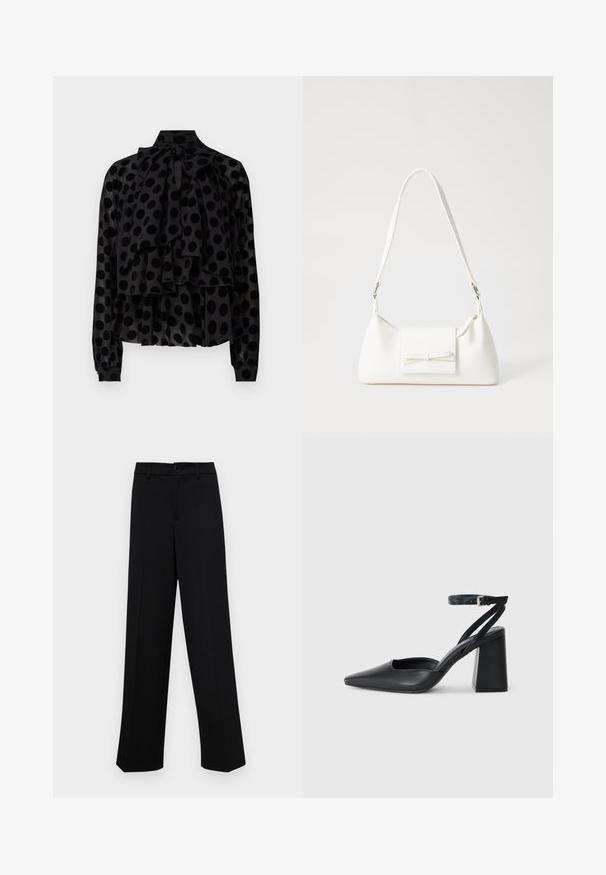 Fekete áttetsző blúz megkötős gallérral, réteges fodrokkal és nagyméretű fekete pöttyös mintával. Hosszú ujjak gombos mandzsettával.; Fekete, széles szárú nadrág sima anyagból, klasszikus derékrésszel, gombzárral és elülső redőkkel.; Fekete bőr, hegyes orrú magassarkú cipő boka pánttal és vastag sarokkal. Sima textúra, elegáns dizájn és minimális esztétika.; Fehér szintetikus kézitáska, háromszög alakú, lapos előlap, masni részlettel, állítható pánttal, sima textúrával és minimalista dizájnnal.