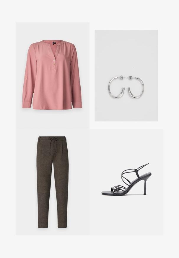 Halenka s dlhým rukávom, ružovej farby, s výstrihom do V, okrúhlym golierom, tromi zlatými gombíkmi a rukávmi s rolovaním. Hladká tkanina s minimálnou textúrou.; Tmavo hnedé nohavice s textúrou, s elastickým pásom, bočnými vreckami a zúženými nohavicami, vyrobené z mäkkého materiálu.; Čierne sandále na vysokom podpätku majú tenké remienky s uzlovým dizajnom, hladký štvorcový špičku a elegantný stiletto podpätok.; Strieborné kruhové náušnice s hladkým a lesklým povrchom. Okrúhly tvar, ľahký dizajn, s uzáverom na kolík.