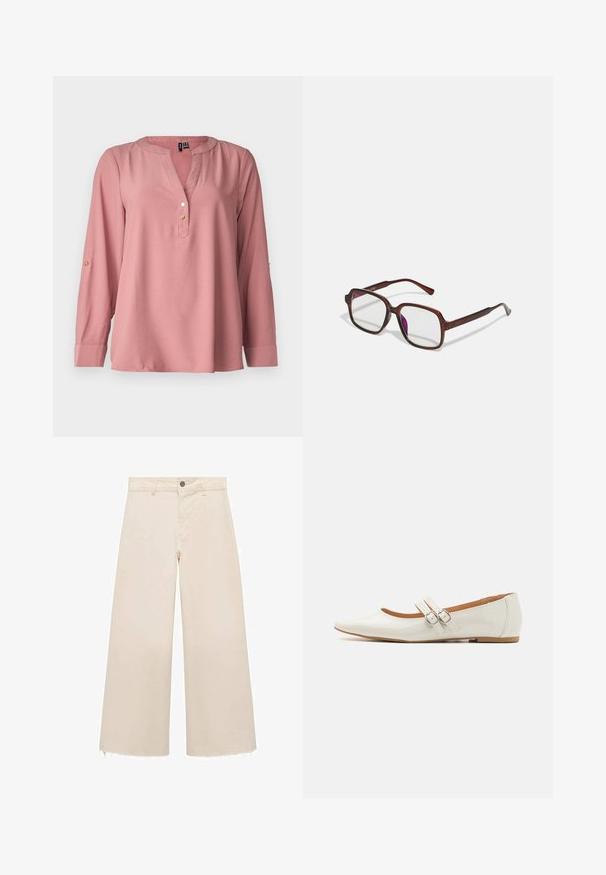 Bluzka z długim rękawem w kolorze różowym, z dekoltem w kształcie litery V, zaokrąglonym kołnierzykiem, trzema złotymi guzikami i rękawami z możliwością podpinania. Gładka tkanina o minimalnej teksturze.; Spodnie o szerokich nogawkach w jasnym beżowym kolorze z bawełny, z zapięciem na guzik, subtelnym postrzępionym dołem oraz luźnym krojem.; Białe lakierowane baleriny z wydłużonym noskiem, dwiema ozdobnymi paskami z srebrnymi klamrami oraz subtelną brązową podeszwą.; Brązowe, prostokątne okulary z przezroczystymi soczewkami i fioletowymi odcieniami. Gładka plastikowa oprawka z prostymi zausznikami i subtelnymi detalami.; Srebrne kolczyki na biglu o gładkim, błyszczącym wykończeniu. O zaokrąglonym kształcie, lekkim designie, z zamknięciem na zatrzask.