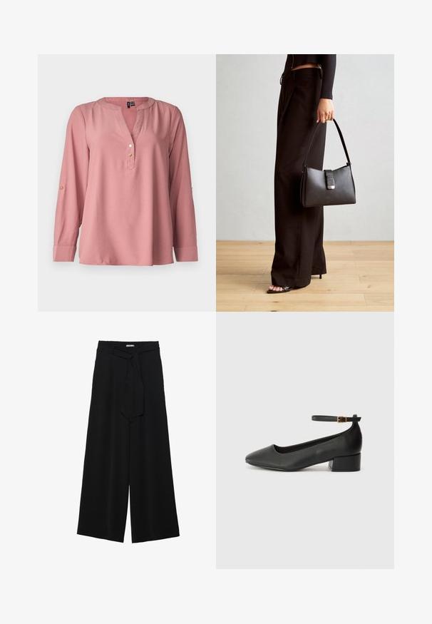Long-sleeve, rose-colored blouse with a V-neck, rounded collar, three gold buttons, and roll-tab sleeves. Smooth fabric with minimal texture.; Black wide-leg pants featuring a textured fabric, an elastic waistband, and a detachable sash tie at the waist for adjustable fit.; Black leather pump with a pointed toe and a low block heel. Features an ankle strap with a gold-tone buckle. Smooth texture.; Black handbag with structured shape, smooth texture, and a metallic clasp. Paired with wide black pants and open-toe sandals on wooden floor.