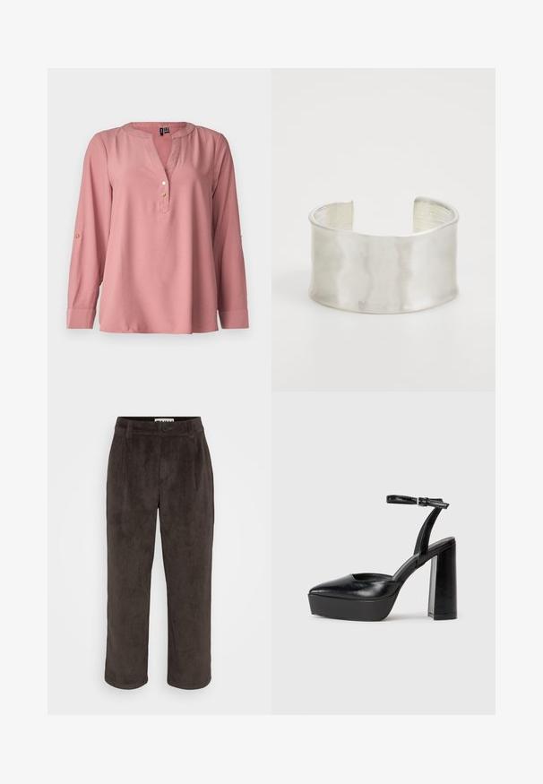 Ilga piedurkne, rozā krāsas blūze ar V veida kakla izgriezumu, noapaļotu apkakli, trim zelta pogām un piedurkņu uzgriežamajām lentēm. Gluda auduma virsma ar minimālu tekstūru.; Brūni korduroja bikses ar taisnā kāju dizainu, smalku tekstūru un priekšu ar pogu aizdari, kā arī sānu kabatām.; Melnas platformas papēžs ar norādītu purngala formu un regulējamu potītes siksniņu. Izgatavotas no gludas ādas, ar masīvu bloku papēdi.; Zign Rokassprādze - silver-coloured