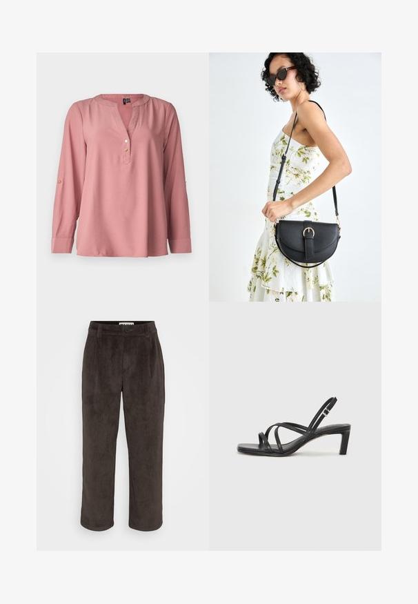 Bluza z dolgimi rokavi v rožnati barvi z V-izrezom, okroglo ovratnico, tremi zlatimi gumbi in rokavi s preklopom. Gladka tkanina z minimalno teksturo.; Rjave kordurojske hlače s ravnim krojem, subtilno teksturo ter sprednjim gumbom in stranskimi žepi.; Črne natikače s trakovi in kvadratnim prstom ter nizkim blokastim peto. Imajo več tankih trakov in nastavljiv trak okoli gležnja. Narejene so iz gladkega usnja.; Črna usnjena torbica s ukrivljeno obliko, z odstranljivo naramnico in zlatimi dodatki. Torbica ima pokrov s podrobnostmi v obliki zaponke.