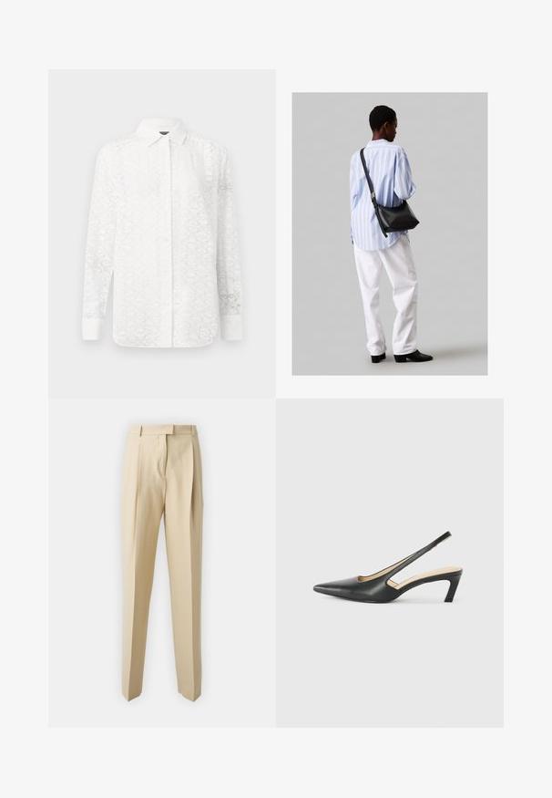Biała koszula z długim rękawem o subtelnym geometrycznym wzorze, z zapinaniem na guziki z przodu, kołnierzykiem i mankietami; wykonana z lekkiego materiału.; Beżowe dopasowane spodnie o prostym kroju, z plisami, paskiem w talii i gładką teksturą. Bez widocznych kieszeni ani ozdób.; Czarny but na obcasie typu slingback z ostro zakończonym noskiem, z niskim obcasem, wykonany z gładkiej skóry, z wycięciem po boku dla lepszej wentylacji.; Czarna skórzana torba na ramię o miękkiej fakturze, w kształcie trójkąta, z regulowanym paskiem, połączona z jasnoniebieską koszulą w paski i białymi spodniami.