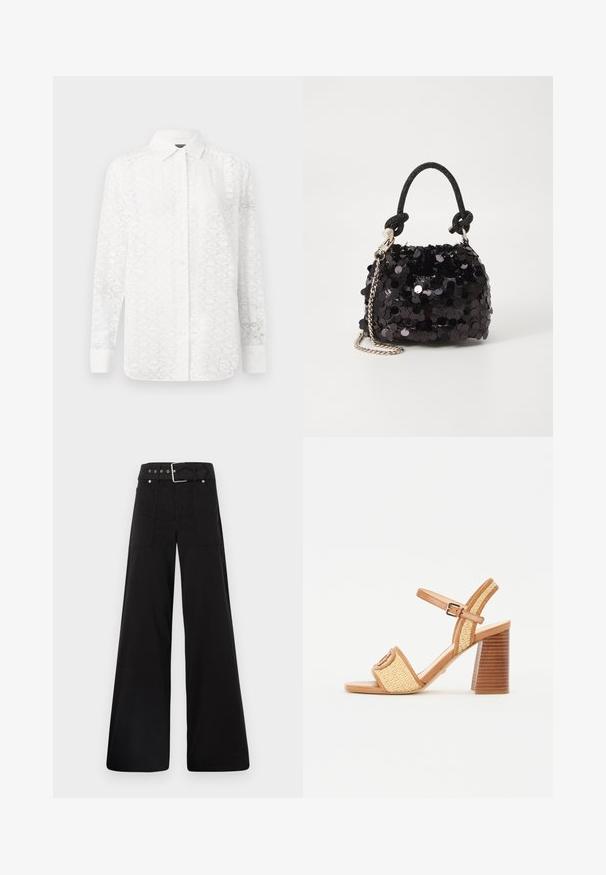 Biała koszula z długim rękawem o subtelnym geometrycznym wzorze, z zapinaniem na guziki z przodu, kołnierzykiem i mankietami; wykonana z lekkiego materiału.; Czarne spodnie o szerokich nogawkach wykonane z bawełny, z wysokim stanem, dużymi bocznymi kieszeniami i paskiem w talii z akcentami w kolorze srebrnym.; Brązowe skórzane sandały na obcasie z plecionego słomy, z paskiem na kostce, otwartym noskiem i solidnym, przypominającym drewno obcasem z poziomymi paskami.; Czarna mini torebka z cekinami, z węzłowym, teksturowanym paskiem i srebrnym łańcuchem. O zaokrąglonym kształcie z marszczoną górą i refleksyjnymi detalami.