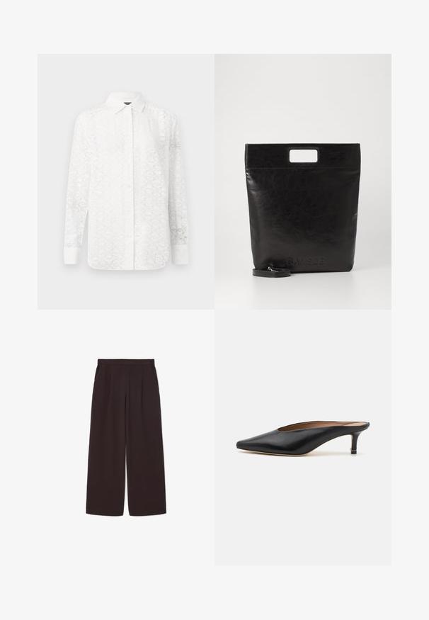 White long-sleeve shirt with a subtle geometric pattern, featuring a button-down front, collar, and cuffs; made from lightweight fabric.; Dark brown wide-leg pants made of lightweight fabric, featuring a high waist, pleats, and two side pockets, with an elastic waistband.; Black leather mules with a pointed toe and low, block heel. Smooth texture with a sleek design. Open back with minimal detailing.; Black leather tote bag with a square handle, featuring a textured finish and embossed logo. Includes a detachable strap.
