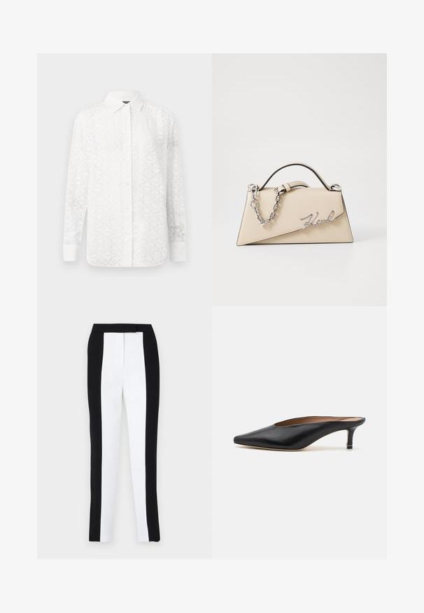 White long-sleeve shirt with a subtle geometric pattern, featuring a button-down front, collar, and cuffs; made from lightweight fabric.; Black and white tapered trousers featuring a slim fit with contrasting panels. Fabric has a smooth texture; waistband is flat and fitted.; Black leather mules with a pointed toe and low, block heel. Smooth texture with a sleek design. Open back with minimal detailing.; Beige leather handbag with a structured, triangular shape, featuring a silver chain handle and a cursive logo in metal.