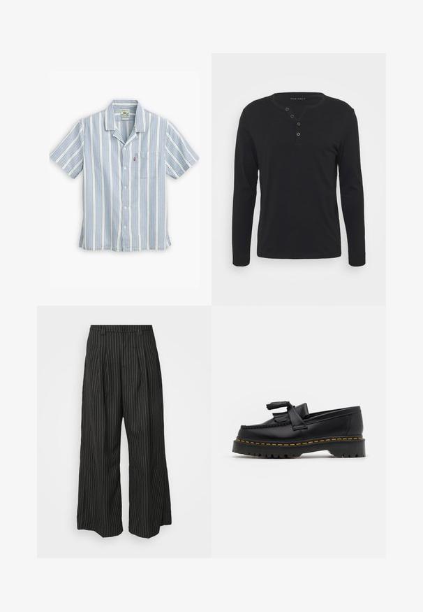 Īsas piedurknes, pogājama krekla izgatavota no viegla auduma baltā krāsā ar zilām vertikālām svītrām, iekļaujot krūšu kabatu un apkakli.; Melna garo piedurkņu henley krekls, izgatavots no mīkstas auduma, ar pogātu plati, apaļu kakla izgriezumu un pieguļošām piedurknēm.; Melnas strīpainas platās bikses ar pieūgumiem, ar pielāgotu dizainu un mīkstu tekstūru. Nav redzamu detaļu vai akcentu.; Melnas ādas mokasīni ar pērlītēm uzsvaru, ar masīvu melnu zoli un dzeltenu šuvumu gar malu. Ar teksturētu apdari.