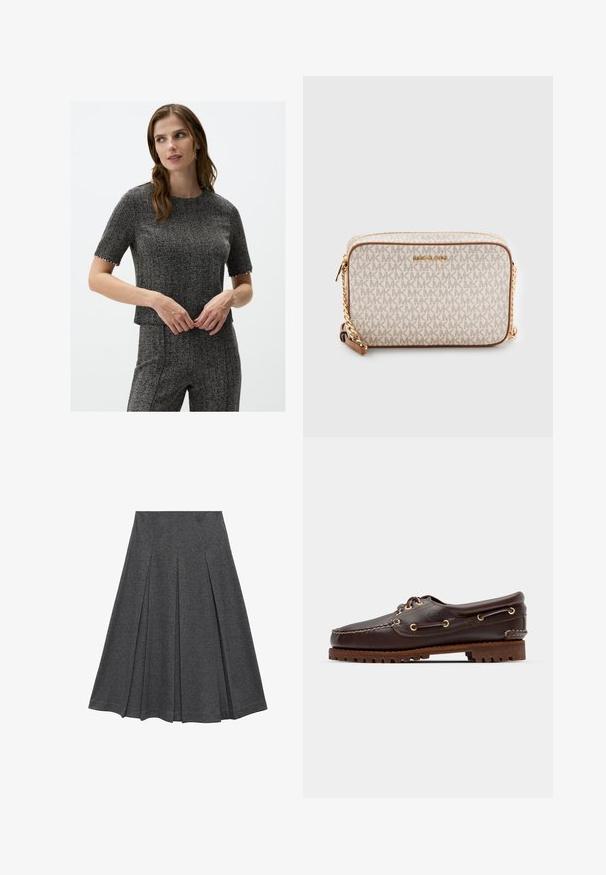 Haut à manches courtes en motif pied-de-poule gris, avec un col rond et des bordures décoratives aux manches. Texture lisse, design ajusté.; Jupe plissée grise avec une forme évasée, fabriquée en tissu doux. Présente des plis verticaux et une taille lisse pour un look ajusté.; Bateau en cuir marron avec des œillets dorés, des lacets ronds et une semelle en caoutchouc marron texturée. Présente des détails de couture et un logo en relief.; Sac bandoulière beige en toile avec un motif répétitif de logo MK, des accessoires en or et une bandoulière en chaîne. Il dispose d'une fermeture zippée et d'accents en cuir.