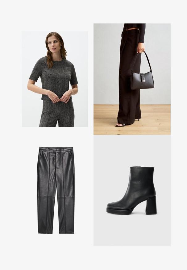 Short-sleeve gray houndstooth patterned top with a crew neck and decorative trim at the sleeves. Smooth texture, fitted design.; Black leather trousers with a smooth texture, featuring a straight fit, two front pockets, and visible seam detailing.; Black leather ankle boot with a block heel and platform sole, viewed from the side on a plain white background.; Black handbag with structured shape, smooth texture, and a metallic clasp. Paired with wide black pants and open-toe sandals on wooden floor.