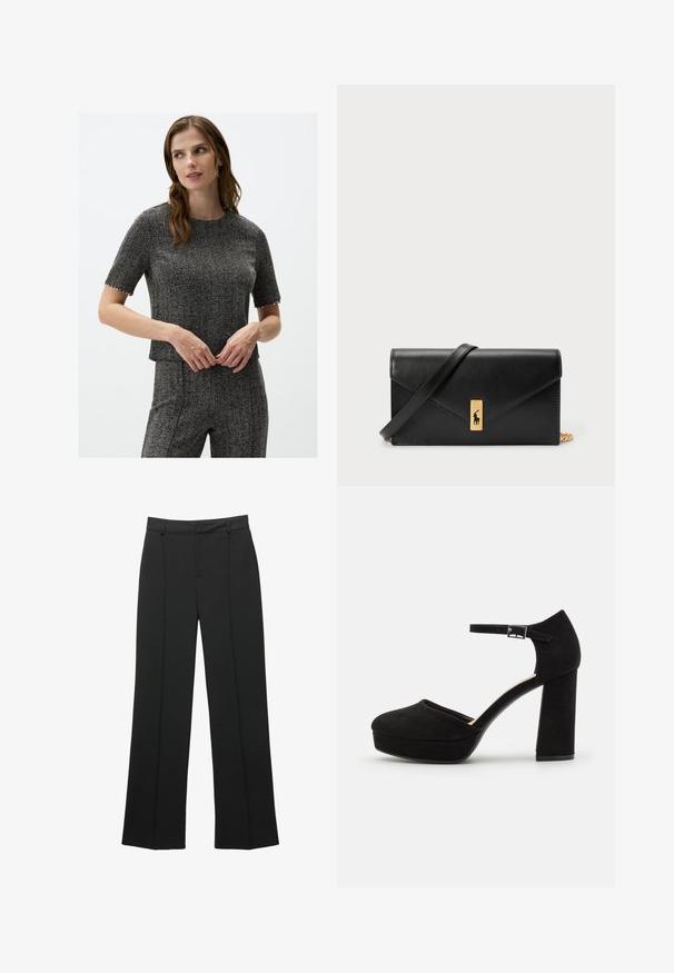 Top grigio a maniche corte con motivo houndstooth, colletto girocollo e rifiniture decorative alle maniche. Tessuto liscio, design aderente.; Pantaloni neri a vita alta, di taglio ampio, con passanti per cintura e dettaglio della cucitura frontale, presentati su uno sfondo bianco.; Scarpe con tacco a piattaforma nere in suede, dotate di un spesso tacco a blocco, punta arrotondata e cinturino alla caviglia fissato da una fibbia in metallo. Texture liscia su tutta la superficie.; Portafoglio in pelle nera con pattina a pieghe, accessori dorati, con un logo decorativo. Include una tracolla staccabile per il trasporto.