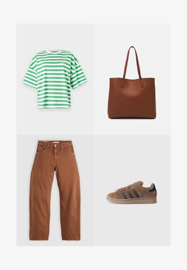 T-shirt listrado em verde e branco, feito de algodão macio, com decote redondo e mangas curtas, apresentando um pequeno logotipo na frente.; Calças de ganga retas em tom de ferrugem com bolsos frontais e traseiros, rebites metálicos, fecho de botão e passadores de cinto, dispostas em plano sobre um fundo branco.; Tênis de camurça castanha com três riscas escuras, parte frontal com atacadores texturizados e calcanhar preto contrastante. Conta com sola de borracha e marcação dourada.; Bolsa tote de couro castanho com uma textura suave, design de abertura superior e duas alças para o ombro. Apresenta costura mínima e sem hardware visível.