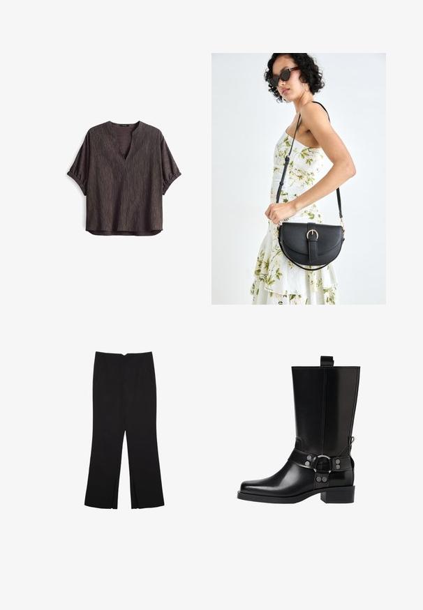 Blusa marrone scuro a V con maniche corte, caratterizzata da un motivo a strisce testurizzato e orli delle maniche arricciati. Tessuto leggero, vestibilità comoda.; Pantaloni neri a gamba dritta, con tasche frontali e spacchi laterali all'orlo. Realizzati in tessuto morbido e liscio. Adatti a diverse occasioni.; Stivale in pelle nera alto fino al ginocchio con punta affusolata, dettagli in argento e tacco largo. Presenta un inserto per facilitare l'indossamento.; Borsa a tracolla nera in pelle con una forma curva, manico rimovibile e accessori dorati. La borsa presenta una patta con un dettaglio a fibbia.