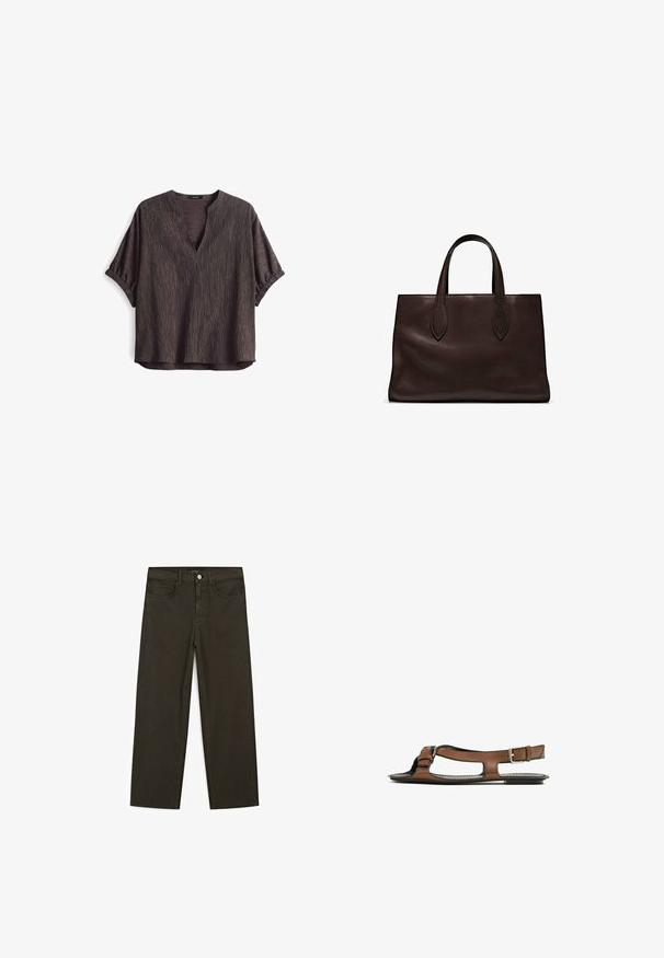 Dunkelbraune V-Ausschnitt-Bluse mit kurzen Ärmeln, die ein strukturiertes gestreiftes Muster und geraffte Ärmelenden aufweist. Leichter Stoff, lockere Passform.; Dunkelgrüne Jeans im weit geschnittenen Style, hergestellt aus einem Baumwollgemisch. Sie verfügen über einen Frontknopfverschluss, fünf Taschen und klassische Denim-Nähte.; Braune Leder-Sandale mit offener Zehenpartie und seitlichen Ausschnitten. Sie verfügt über einen Knöchelriemen mit einer metallischen Schnalle und eine flache Sohle.; Braune Ledertasche mit zwei langen Griffen, strukturierte rechteckige Form, glatte Textur und dezente Nähdetails.