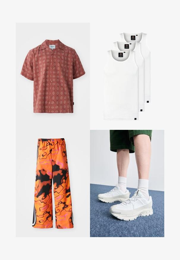 Cămașă cu mânecă scurtă, roșie, cu un model de inimă albă și puncte. Fabricată dintr-un material ușor, cu închidere cu nasturi și guler obișnuit.; Trei maieuri albe ribbate din bumbac. Au un guler rotund și etichete negre mici lângă tiv. Disponibile în mai multe mărimi.; Pantaloni lejeri cu un model abstract vibrant în nuanțe de portocaliu, negru și roz, cu talie elastică, dungi laterale și închidere cu nasture.; Pantofi sport albi cu suprapuneri texturate, talpă masivă și accente gri. Purtați cu șosete albe până la glezne și pantaloni scurți verzi pe o suprafață albastră.