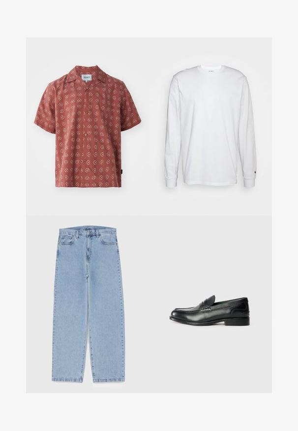 Kortermet skjorte i rød med hvitt hjerte og prikkete mønster. Laget av lett stoff med knappelukking foran og vanlig krage.; Hvit langermet T-skjorte laget av bomull. Rund hals-design med ribbestrikkede mansjetter og en liten logo på venstre erme. Glatt tekstur.; Lyseblå denimjeans med rett ben-design, med mid-rise liv, fem lommer og knap og lynlås lukning.; Sorte lærloafers med en glat overflade, syede detaljer over vamps og en let hævet hæl.
