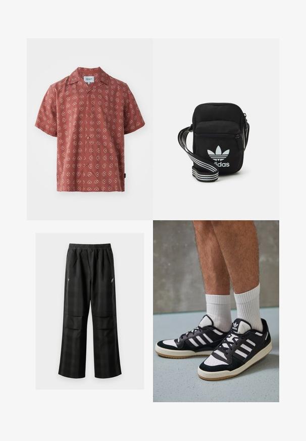 Lühikeste varrukatega punane särk valgete südame ja täpilise mustriga. Valmistatud kerge materjali ja nööpidega esiosa ning tavalise kraega.; Mustas ruudulised püksid, millel on elastne vöökoht, kaks esimest taskut ja laiem lõige sirge jala disainiga. Valmistatud kergest materjalist.; Mustvalged ja valged spordijalatsid, mille pealmine osa on valmistatud suede'ist ja nahast. Kingadel on kolm valget riba, auguline varvas ja kummist tald.; Mustmust värvi risti koti, millel on tõmblukuga sulgemine, valge Adidas'i logo ja triibuline reguleeritav rihm mugavaks kandmiseks.